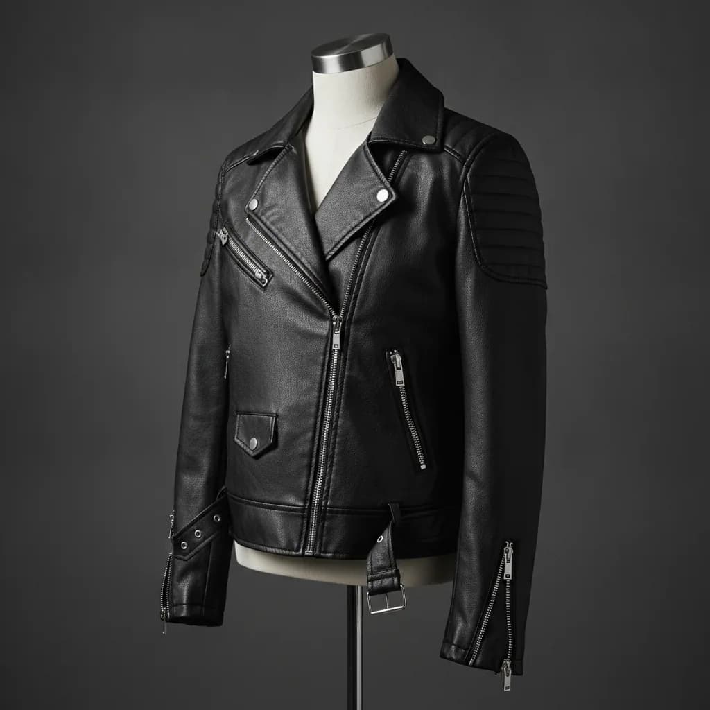Deri Görünümlü Biker Ceket - Siyah
